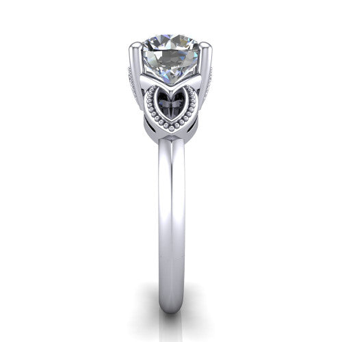 Ella round vintage solitaire engagement ring in 14K White Gold, side profile showing the vintage filigree scrollwork, milgrain detail, and plain band in profile