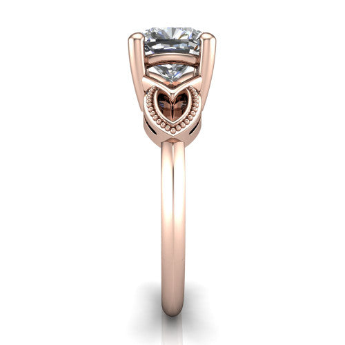 Ella cushion vintage solitaire engagement ring in 14K Rose Gold, side profile showing the vintage filigree scrollwork, milgrain detail, and plain band in profile