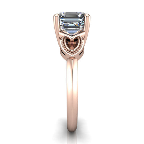 Ella square emerald vintage solitaire engagement ring in 14K Rose Gold, side profile showing the vintage filigree scrollwork, milgrain detail, and plain band in profile