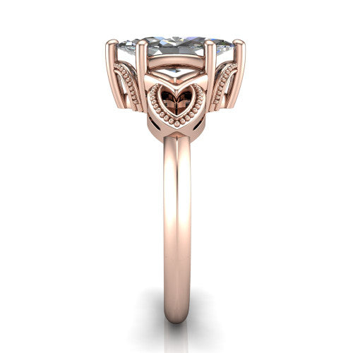 Ella marquise vintage solitaire engagement ring in 18K Rose Gold, side profile showing the vintage filigree scrollwork, milgrain detail, and plain band in profile