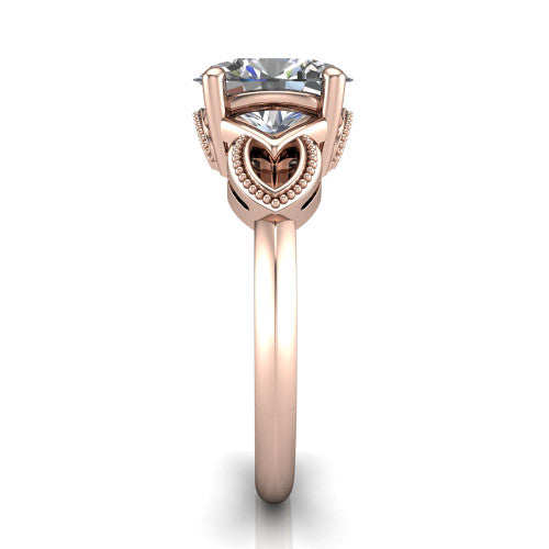 Ella oval vintage solitaire engagement ring in 14K Rose Gold, side profile showing the vintage filigree scrollwork, milgrain detail, and plain band in profile