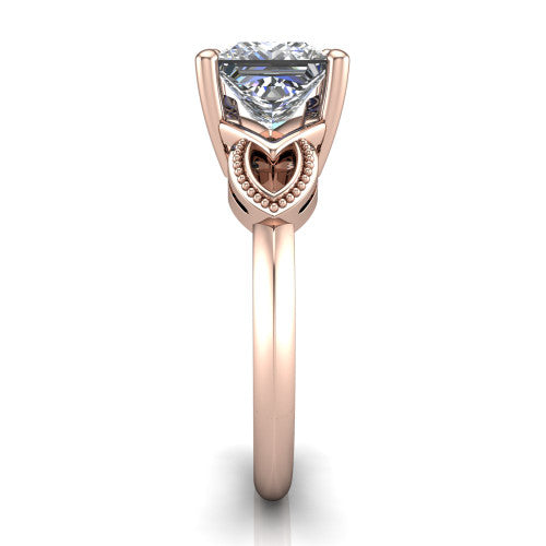 Ella princess vintage solitaire engagement ring in 18K Rose Gold, side profile showing the vintage filigree scrollwork, milgrain detail, and plain band in profile