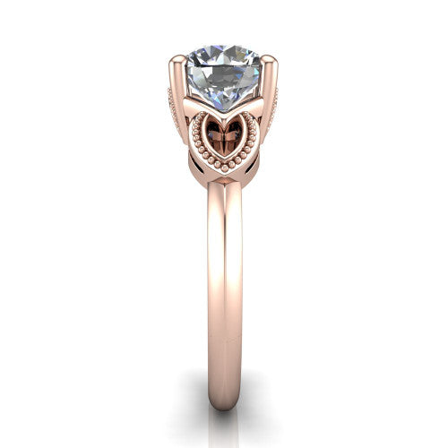 Ella round vintage solitaire engagement ring in 14K Rose Gold, side profile showing the vintage filigree scrollwork, milgrain detail, and plain band in profile