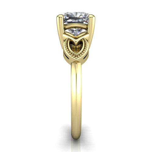 Ella cushion vintage solitaire engagement ring in 18K Yellow Gold, side profile showing the vintage filigree scrollwork, milgrain detail, and plain band in profile