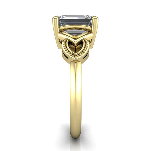 Ella emerald vintage solitaire engagement ring in 18K Yellow Gold, side profile showing the vintage filigree scrollwork, milgrain detail, and plain band in profile