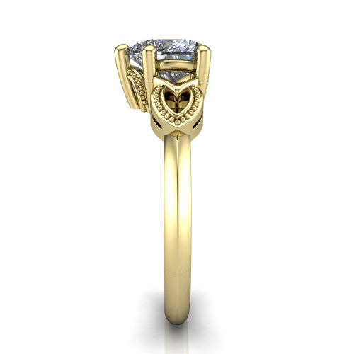 Ella heart vintage solitaire engagement ring in 18K Yellow Gold, side profile showing the vintage filigree scrollwork, milgrain detail, and plain band in profile