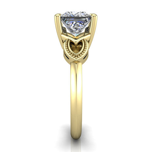 Ella princess vintage solitaire engagement ring in 14K Yellow Gold, side profile showing the vintage filigree scrollwork, milgrain detail, and plain band in profile