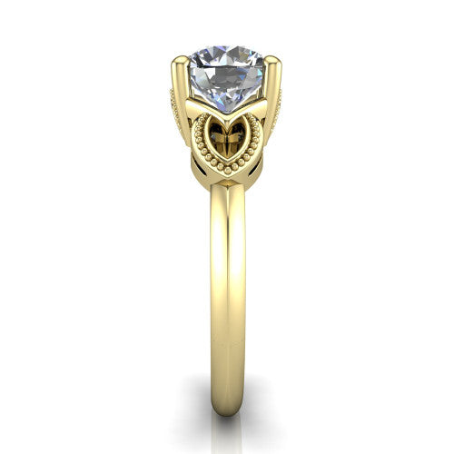 Ella round vintage solitaire engagement ring in 14K Yellow Gold, side profile showing the vintage filigree scrollwork, milgrain detail, and plain band in profile