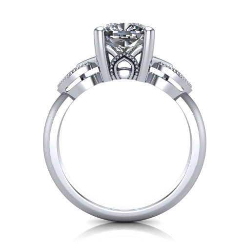 Ella cushion vintage solitaire engagement ring in 14K White Gold, through-finger front profile showing the looped filigree gallery beneath the cushion center