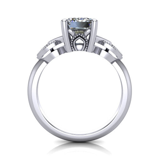 Ella emerald vintage solitaire engagement ring in 14K White Gold, through-finger front profile showing the looped filigree gallery beneath the emerald center