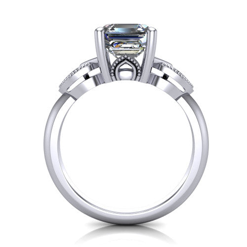Ella square emerald vintage solitaire engagement ring in 14K White Gold, through-finger front profile showing the looped filigree gallery beneath the square emerald center