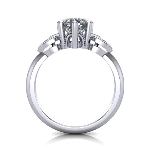 Ella heart vintage solitaire engagement ring in Platinum, through-finger front profile showing the looped filigree gallery beneath the heart center