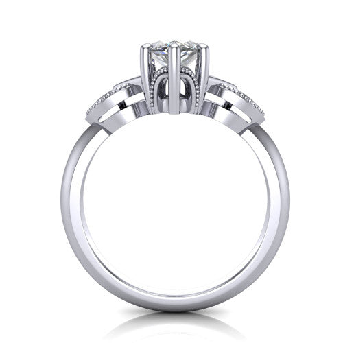 Ella marquise vintage solitaire engagement ring in 14K White Gold, through-finger front profile showing the looped filigree gallery beneath the marquise center