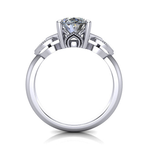 Ella oval vintage solitaire engagement ring in 14K White Gold, through-finger front profile showing the looped filigree gallery beneath the oval center