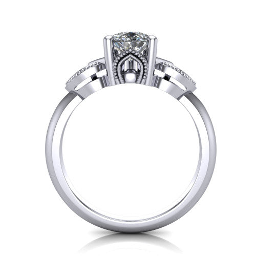 Ella pear vintage solitaire engagement ring in Platinum, through-finger front profile showing the looped filigree gallery beneath the pear center