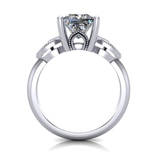 Ella princess vintage solitaire engagement ring in 14K White Gold, through-finger front profile showing the looped filigree gallery beneath the princess center
