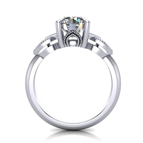 Ella round vintage solitaire engagement ring in 18K White Gold, through-finger front profile showing the looped filigree gallery beneath the round center