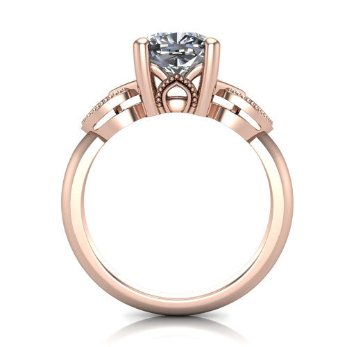 Ella cushion vintage solitaire engagement ring in 14K Rose Gold, through-finger front profile showing the looped filigree gallery beneath the cushion center