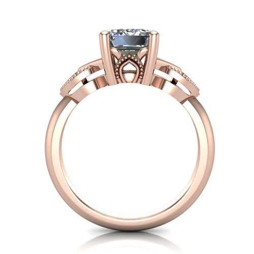 Ella emerald vintage solitaire engagement ring in 14K Rose Gold, through-finger front profile showing the looped filigree gallery beneath the emerald center