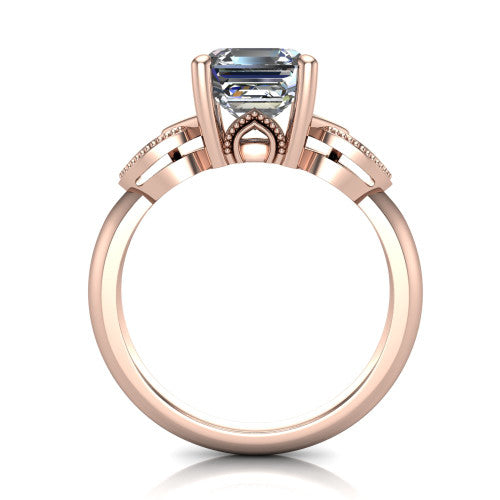 Ella square emerald vintage solitaire engagement ring in 14K Rose Gold, through-finger front profile showing the looped filigree gallery beneath the square emerald center