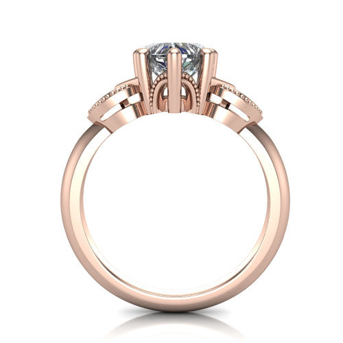 Ella heart vintage solitaire engagement ring in 18K Rose Gold, through-finger front profile showing the looped filigree gallery beneath the heart center