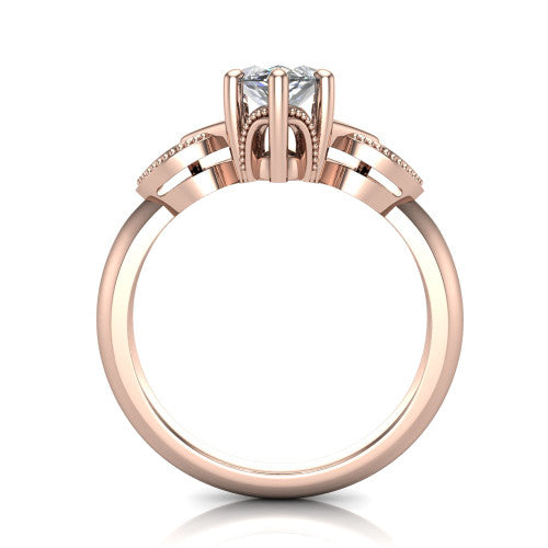 Ella marquise vintage solitaire engagement ring in 18K Rose Gold, through-finger front profile showing the looped filigree gallery beneath the marquise center