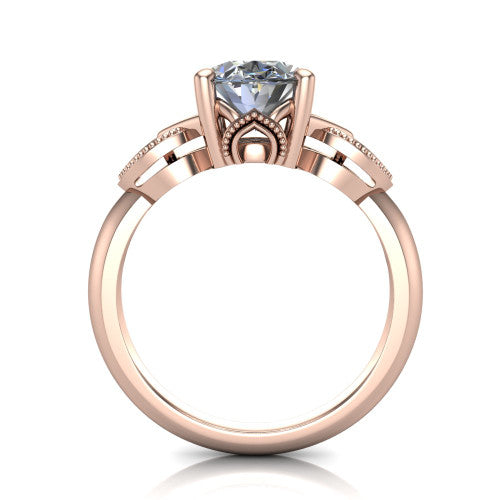 Ella oval vintage solitaire engagement ring in 14K Rose Gold, through-finger front profile showing the looped filigree gallery beneath the oval center