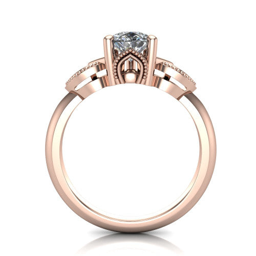 Ella pear vintage solitaire engagement ring in 14K Rose Gold, through-finger front profile showing the looped filigree gallery beneath the pear center