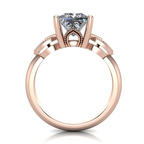 Ella princess vintage solitaire engagement ring in 18K Rose Gold, through-finger front profile showing the looped filigree gallery beneath the princess center