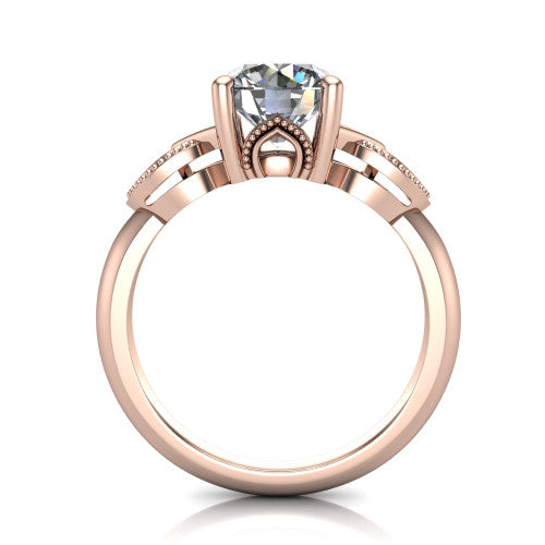 Ella round vintage solitaire engagement ring in 14K Rose Gold, through-finger front profile showing the looped filigree gallery beneath the round center