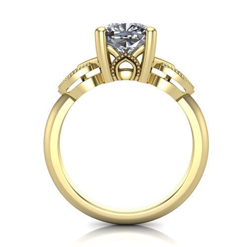 Ella cushion vintage solitaire engagement ring in 14K Yellow Gold, through-finger front profile showing the looped filigree gallery beneath the cushion center