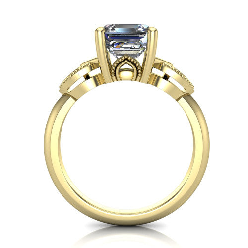 Ella square emerald vintage solitaire engagement ring in 14K Yellow Gold, through-finger front profile showing the looped filigree gallery beneath the square emerald center