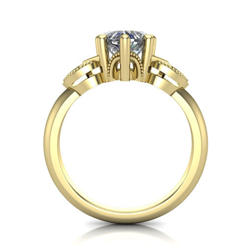 Ella heart vintage solitaire engagement ring in 14K Yellow Gold, through-finger front profile showing the looped filigree gallery beneath the heart center