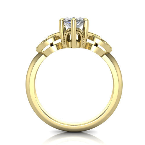 Ella marquise vintage solitaire engagement ring in 18K Yellow Gold, through-finger front profile showing the looped filigree gallery beneath the marquise center