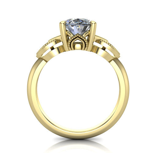 Ella oval vintage solitaire engagement ring in 14K Yellow Gold, through-finger front profile showing the looped filigree gallery beneath the oval center
