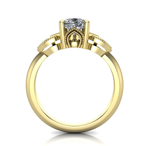 Ella pear vintage solitaire engagement ring in 14K Yellow Gold, through-finger front profile showing the looped filigree gallery beneath the pear center