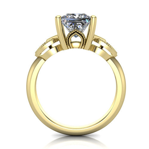 Ella princess vintage solitaire engagement ring in 14K Yellow Gold, through-finger front profile showing the looped filigree gallery beneath the princess center