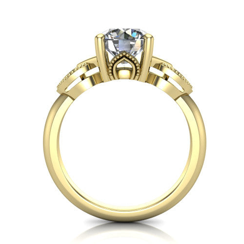 Ella round vintage solitaire engagement ring in 14K Yellow Gold, through-finger front profile showing the looped filigree gallery beneath the round center