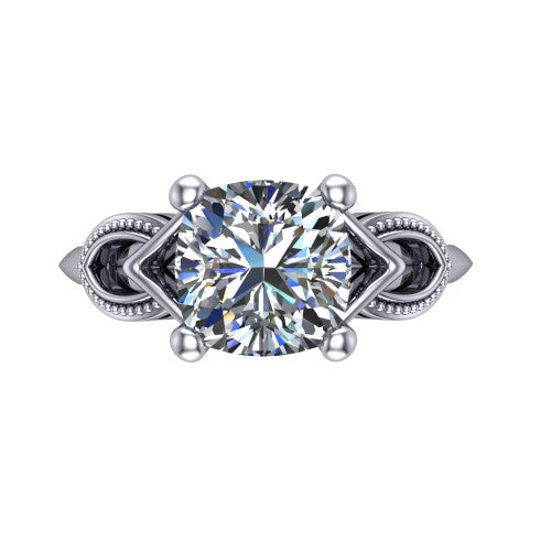 Ella cushion vintage solitaire engagement ring in Platinum, top-down view showing the cushion solitaire center and the filigree scrollwork at the head
