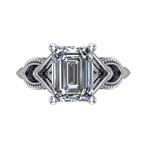 Ella emerald vintage solitaire engagement ring in 14K White Gold, top-down view showing the emerald solitaire center and the filigree scrollwork at the head