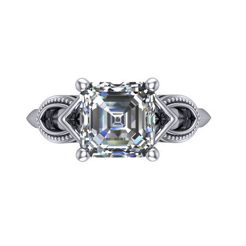 Ella square emerald vintage solitaire engagement ring in Platinum, top-down view showing the square emerald solitaire center and the filigree scrollwork at the head