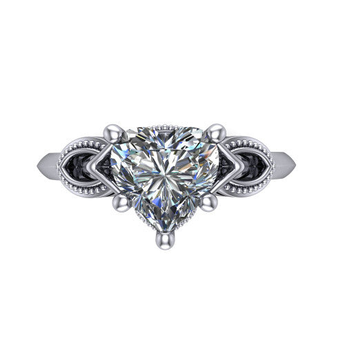 Ella heart vintage solitaire engagement ring in Platinum, top-down view showing the heart solitaire center and the filigree scrollwork at the head