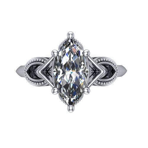 Ella marquise vintage solitaire engagement ring in 14K White Gold, top-down view showing the marquise solitaire center and the filigree scrollwork at the head