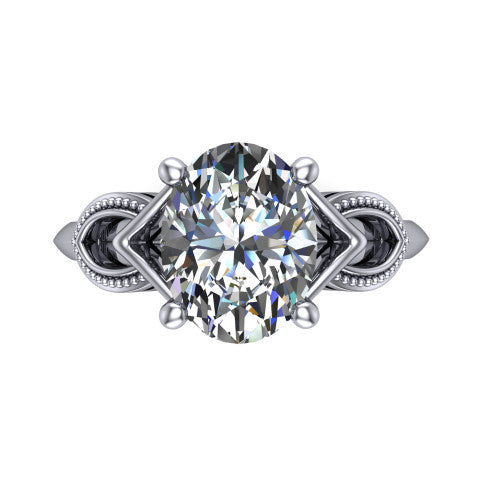 Ella oval vintage solitaire engagement ring in 18K White Gold, top-down view showing the oval solitaire center and the filigree scrollwork at the head