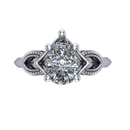 Ella pear vintage solitaire engagement ring in 18K White Gold, top-down view showing the pear solitaire center and the filigree scrollwork at the head