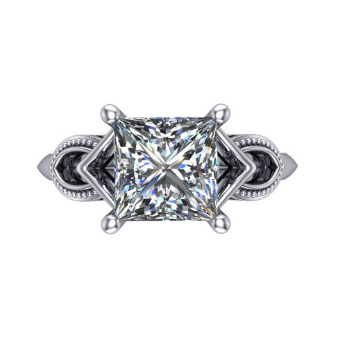 Ella princess vintage solitaire engagement ring in 18K White Gold, top-down view showing the princess solitaire center and the filigree scrollwork at the head