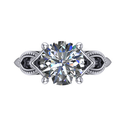 Ella round vintage solitaire engagement ring in 18K White Gold, top-down view showing the round solitaire center and the filigree scrollwork at the head