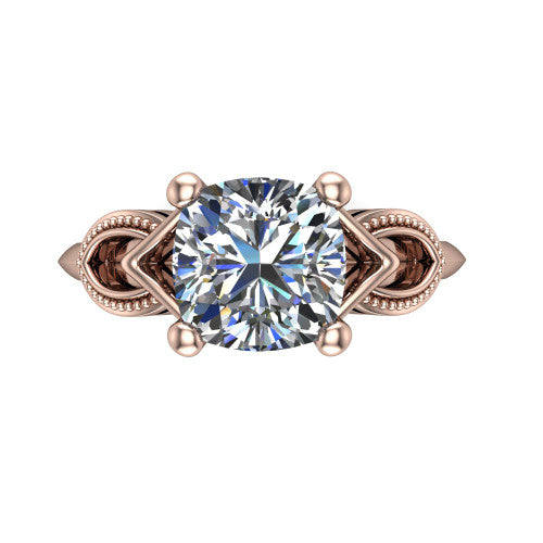 Ella cushion vintage solitaire engagement ring in 14K Rose Gold, top-down view showing the cushion solitaire center and the filigree scrollwork at the head