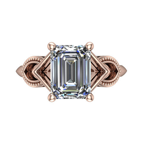 Ella emerald vintage solitaire engagement ring in 14K Rose Gold, top-down view showing the emerald solitaire center and the filigree scrollwork at the head