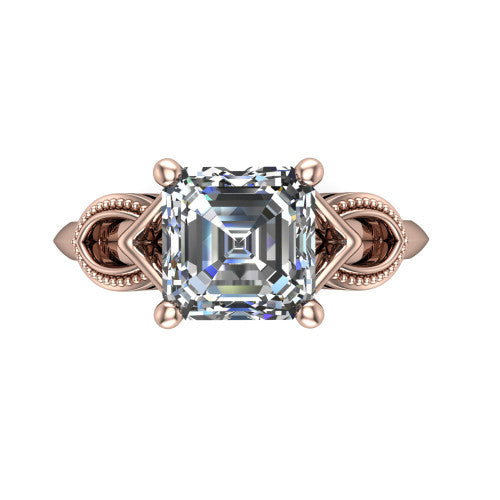Ella square emerald vintage solitaire engagement ring in 14K Rose Gold, top-down view showing the square emerald solitaire center and the filigree scrollwork at the head